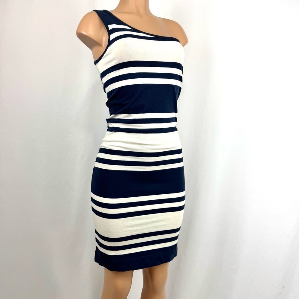 French Connection Women’s Sz 8 Navy & Cream Striped One Shoulder Dress Bodycon